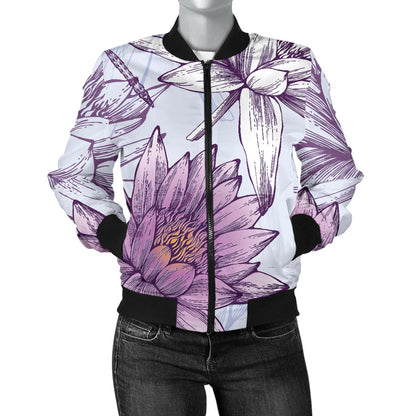 Water Lily Pattern Print Design WL01 Women Bomber Jacket