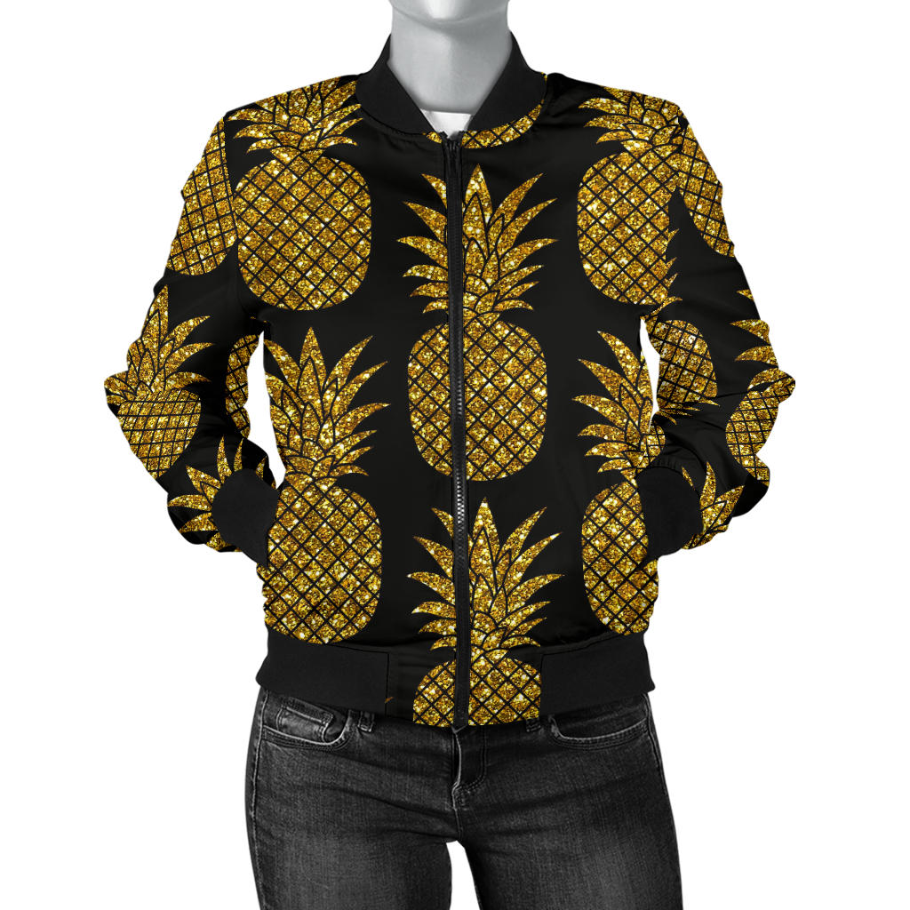 Gold Pineapple Pattern Print Design PP011 Women Bomber Jacket