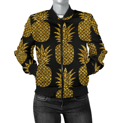 Gold Pineapple Pattern Print Design PP011 Women Bomber Jacket