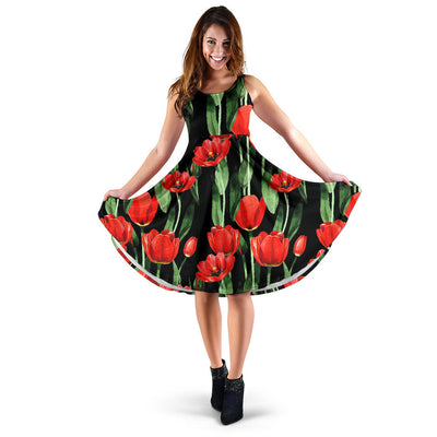 Tulip Red Pattern Print Design TP03 Midi Dress