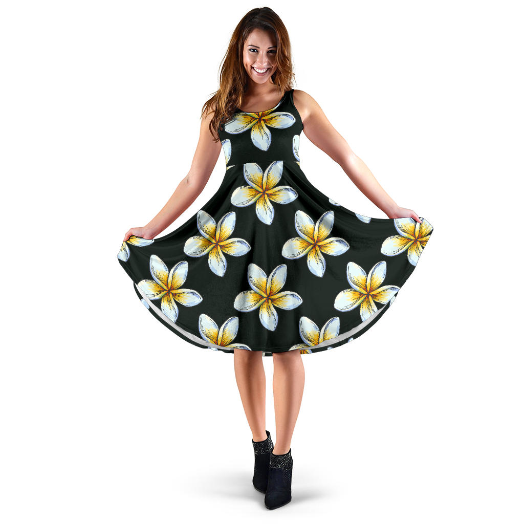 White Plumeria Pattern Print Design PM022 Midi Dress