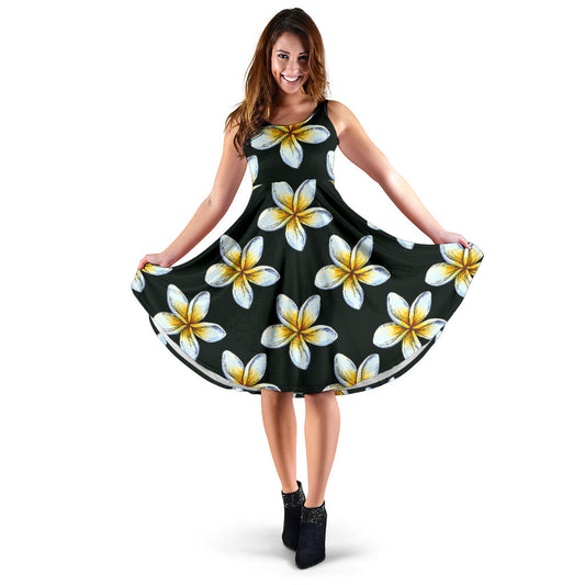 White Plumeria Pattern Print Design PM022 Midi Dress