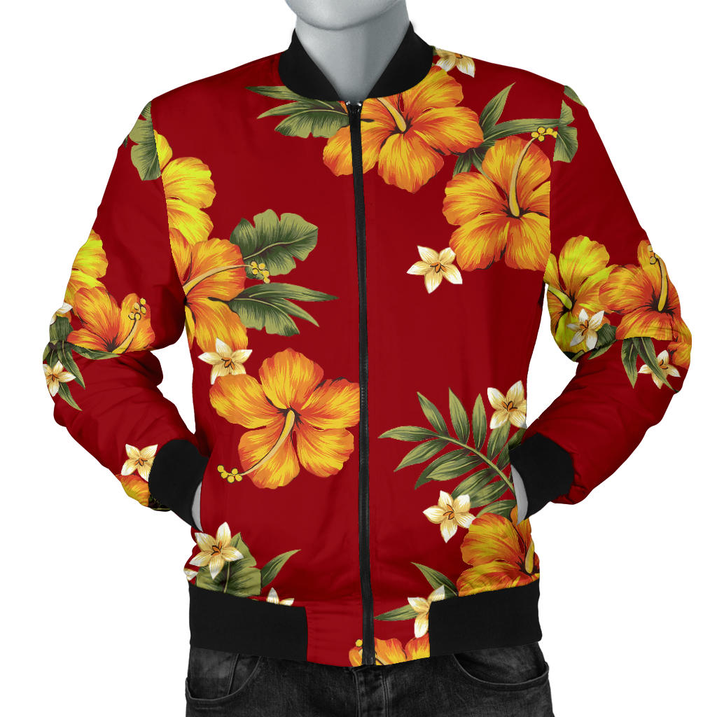 Orange Hibiscus Pattern Print Design HB026 Men Bomber Jacket