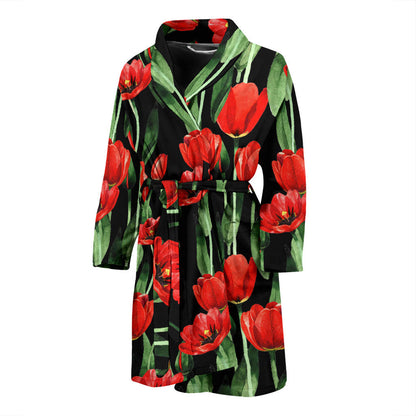 Tulip Red Pattern Print Design TP03 Men Bathrobe