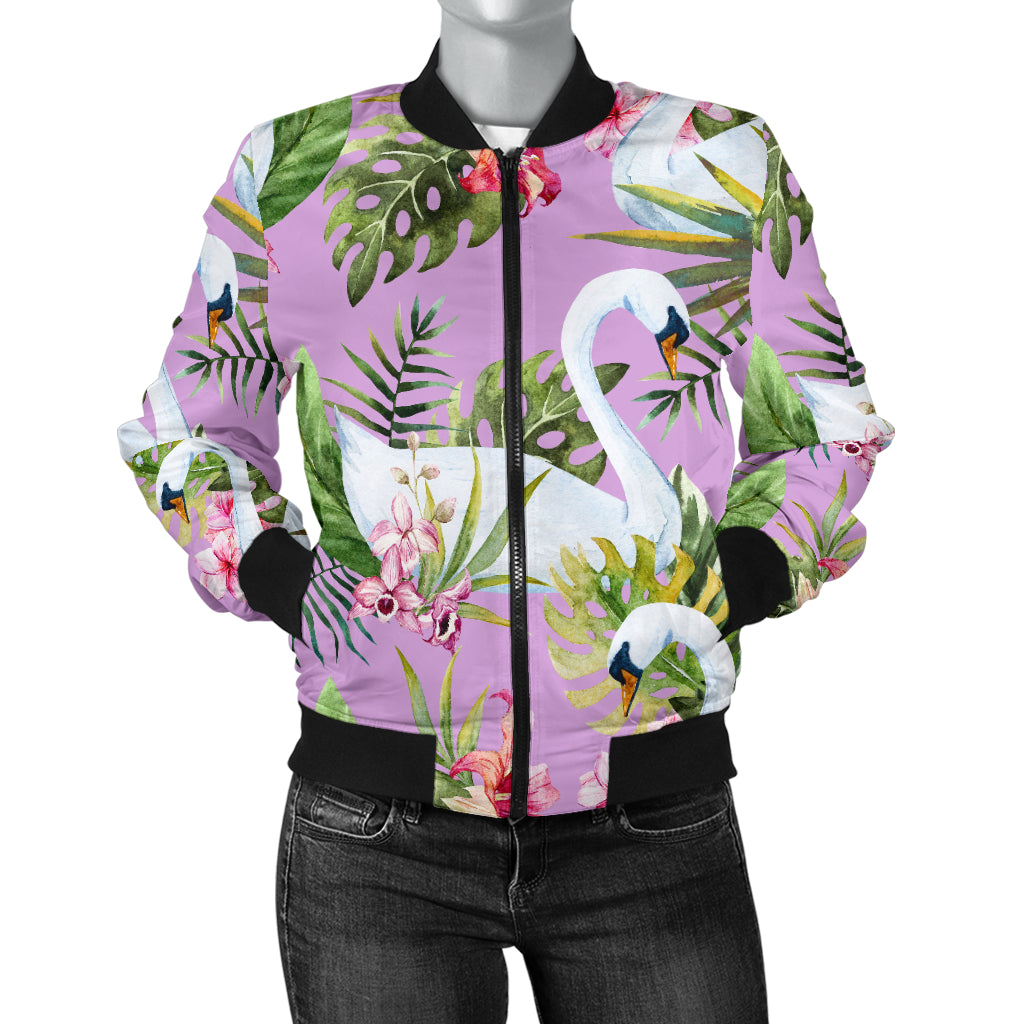 Swan with Flower Pattern Print Design 01 Women's Bomber Jacket