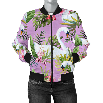 Swan with Flower Pattern Print Design 01 Women's Bomber Jacket