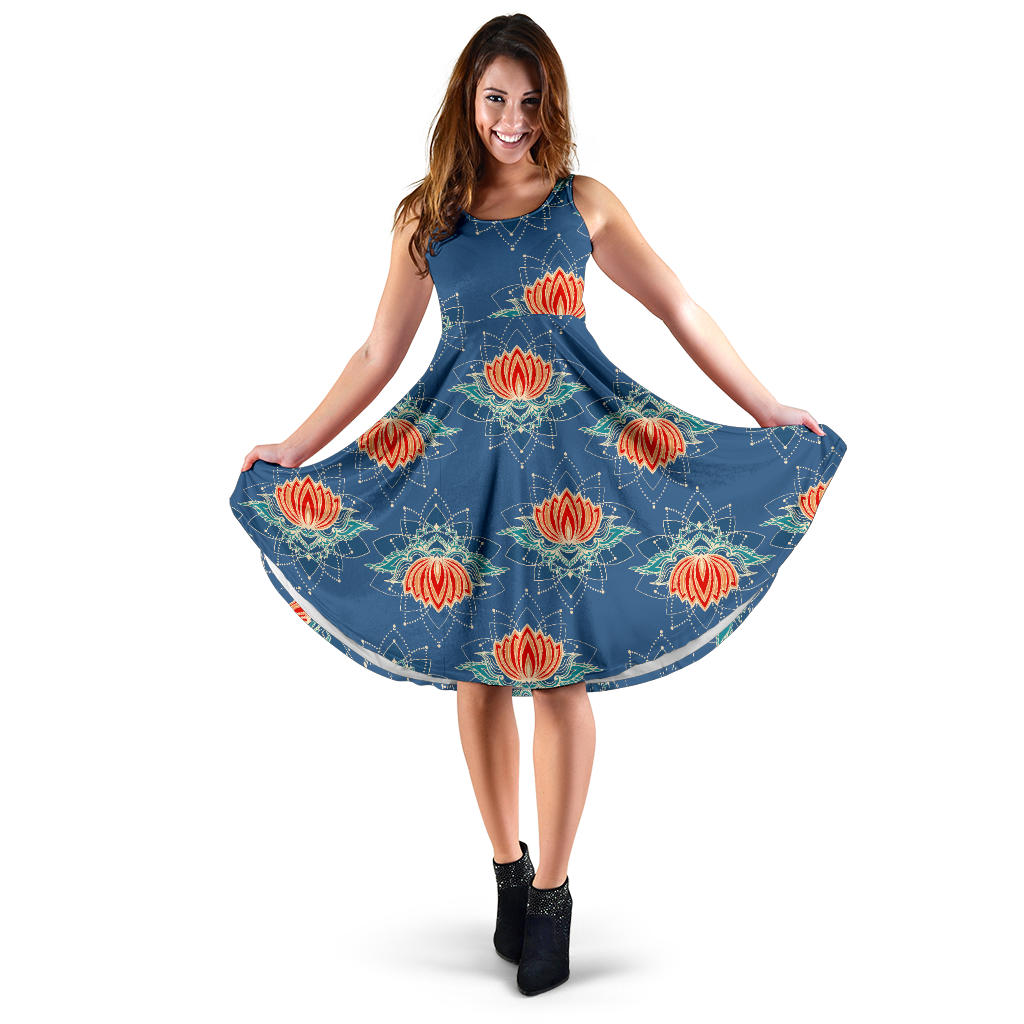 lotus Boho Pattern Print Design LO07 Midi Dress