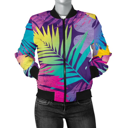 Palm Leaf Pattern Print Design A04 Women's Bomber Jacket