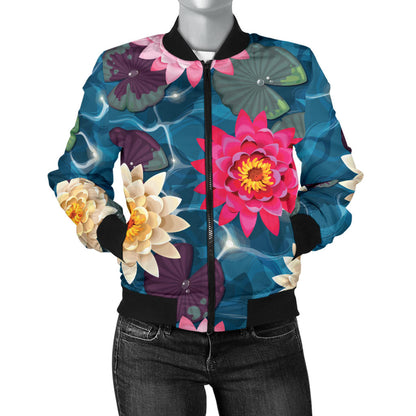 Water Lily Pattern Print Design WL05 Women Bomber Jacket