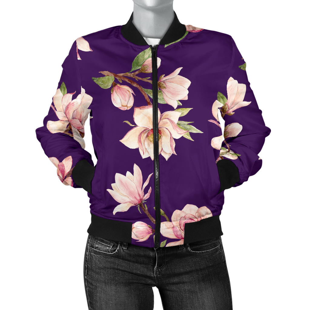 Magnolia Pattern Print Design MAG02 Women Bomber Jacket