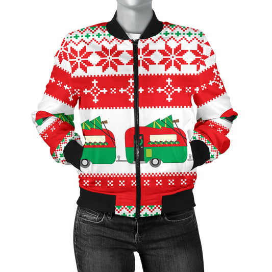 Camper Camping Ugly Christmas Design Print Women Bomber Jacket