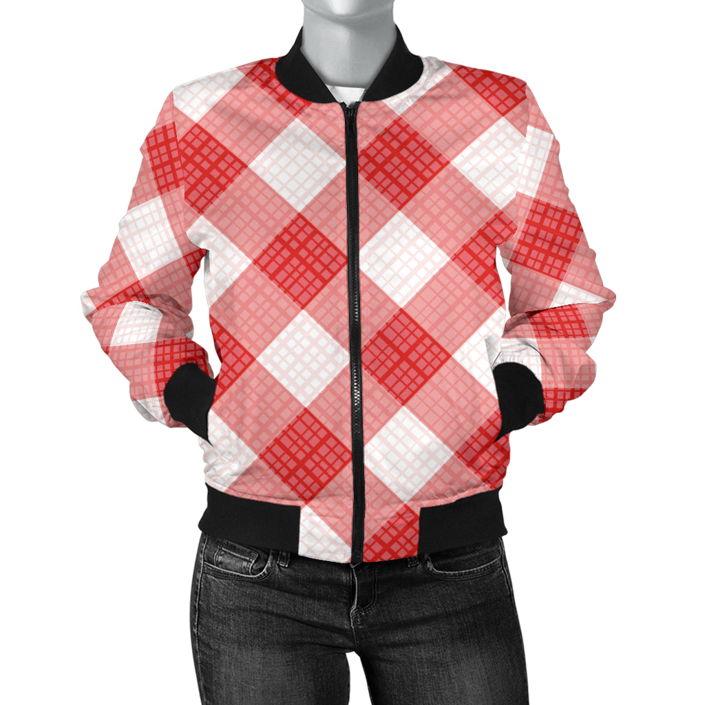 Gingham Red Pattern Print Design 01 Women's Bomber Jacket