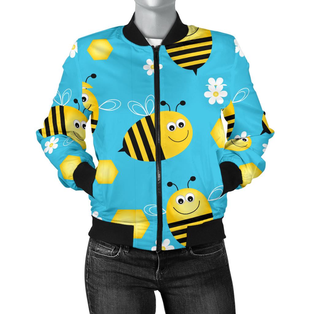 Bee Pattern Print Design BEE06 Women Bomber Jacket