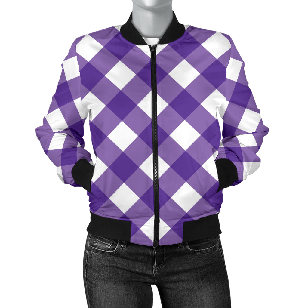 Gingham Purple Pattern Print Design 03 Women's Bomber Jacket