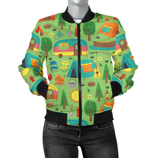 Camping Camper Pattern Print Design 04 Women's Bomber Jacket