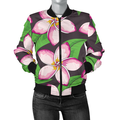 Pink Plumeria Pattern Print Design PM019 Women Bomber Jacket