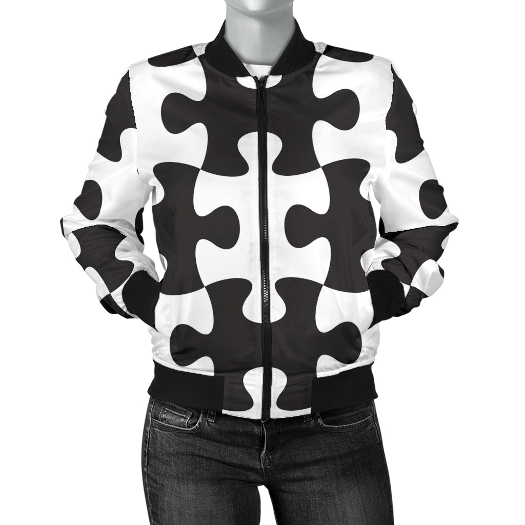 Puzzle Black White Pattern Print Design A02 Women's Bomber Jacket