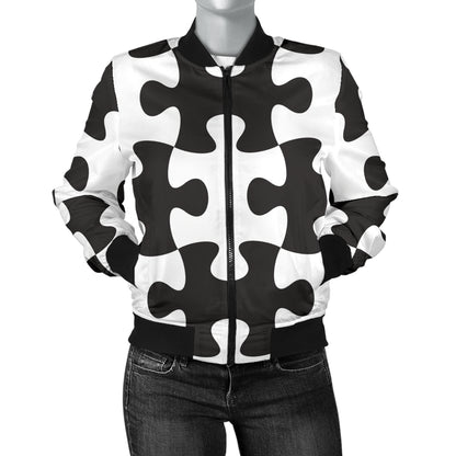 Puzzle Black White Pattern Print Design A02 Women's Bomber Jacket