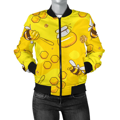 Bee Pattern Print Design BEE01 Women Bomber Jacket