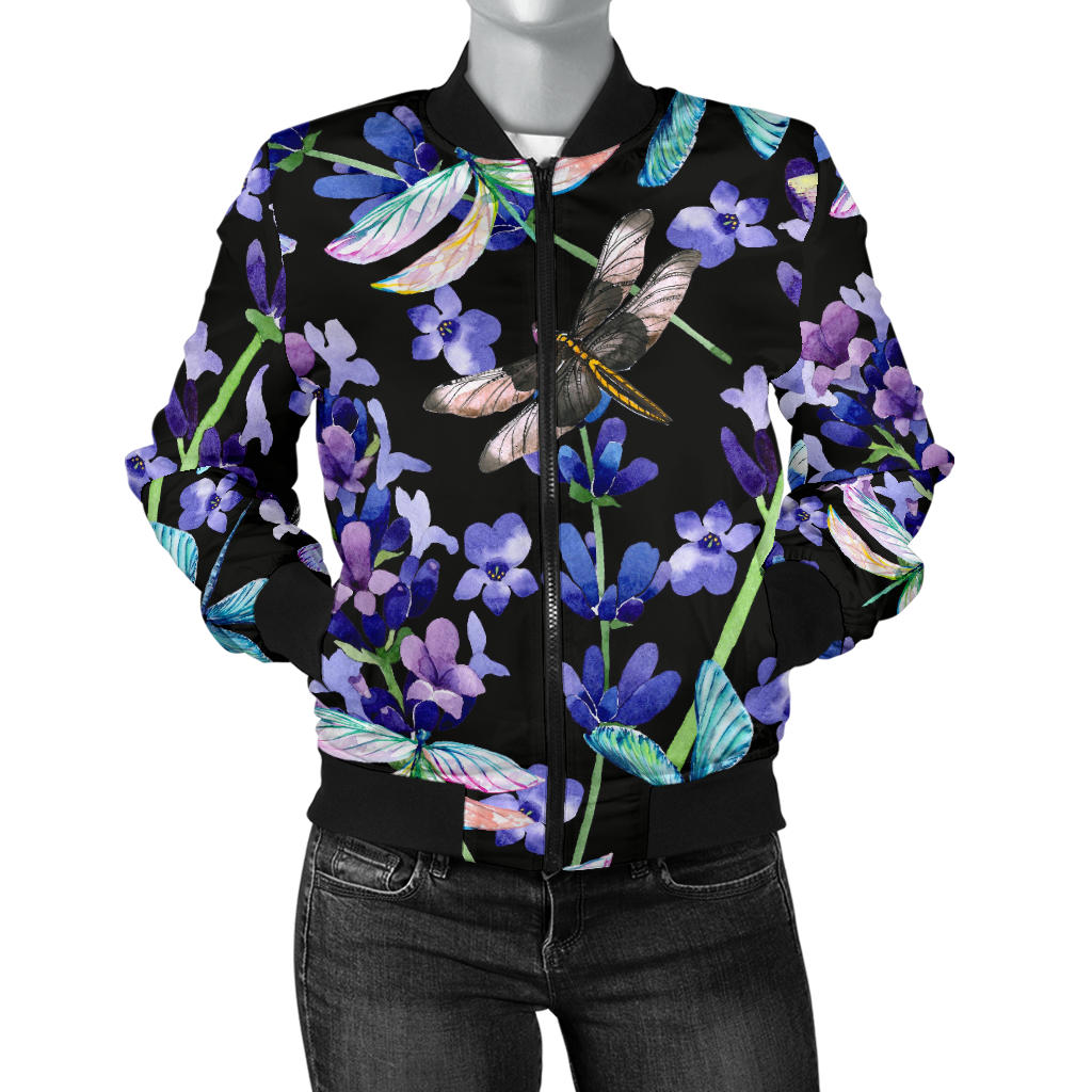 Lavender Dragonfly Pattern Print Design LV03 Women Bomber Jacket