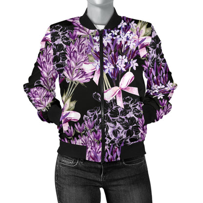 Lavender Pattern Print Design LV06 Women Bomber Jacket