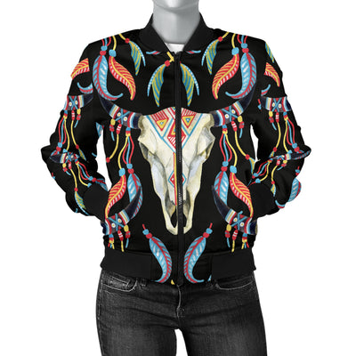 Buffalo Head Boho Style Pattern Print Design 01 Women's Bomber Jacket