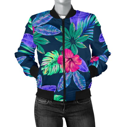 Tropical Flower Pattern Print Design TF09 Women Bomber Jacket