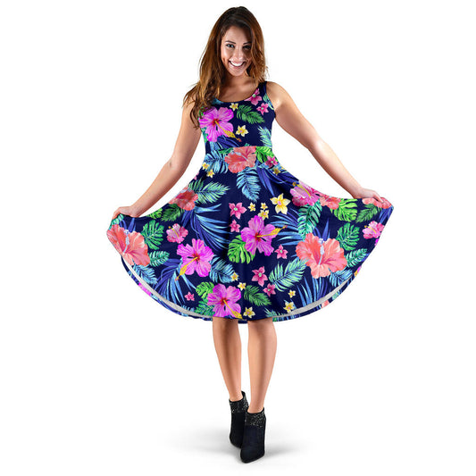 Neon Hibiscus Pattern Print Design HB016 Midi Dress