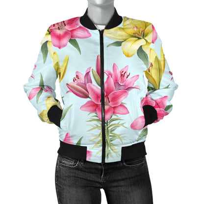 Lily Pattern Print Design LY010 Women Bomber Jacket
