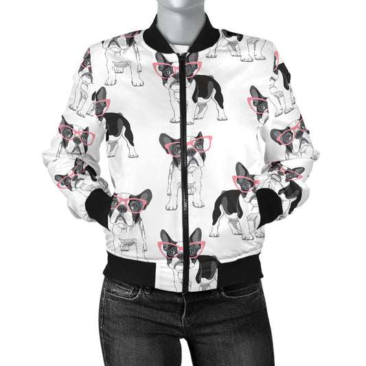 Boston Terrier Pattern Print Design 03 Women's Bomber Jacket