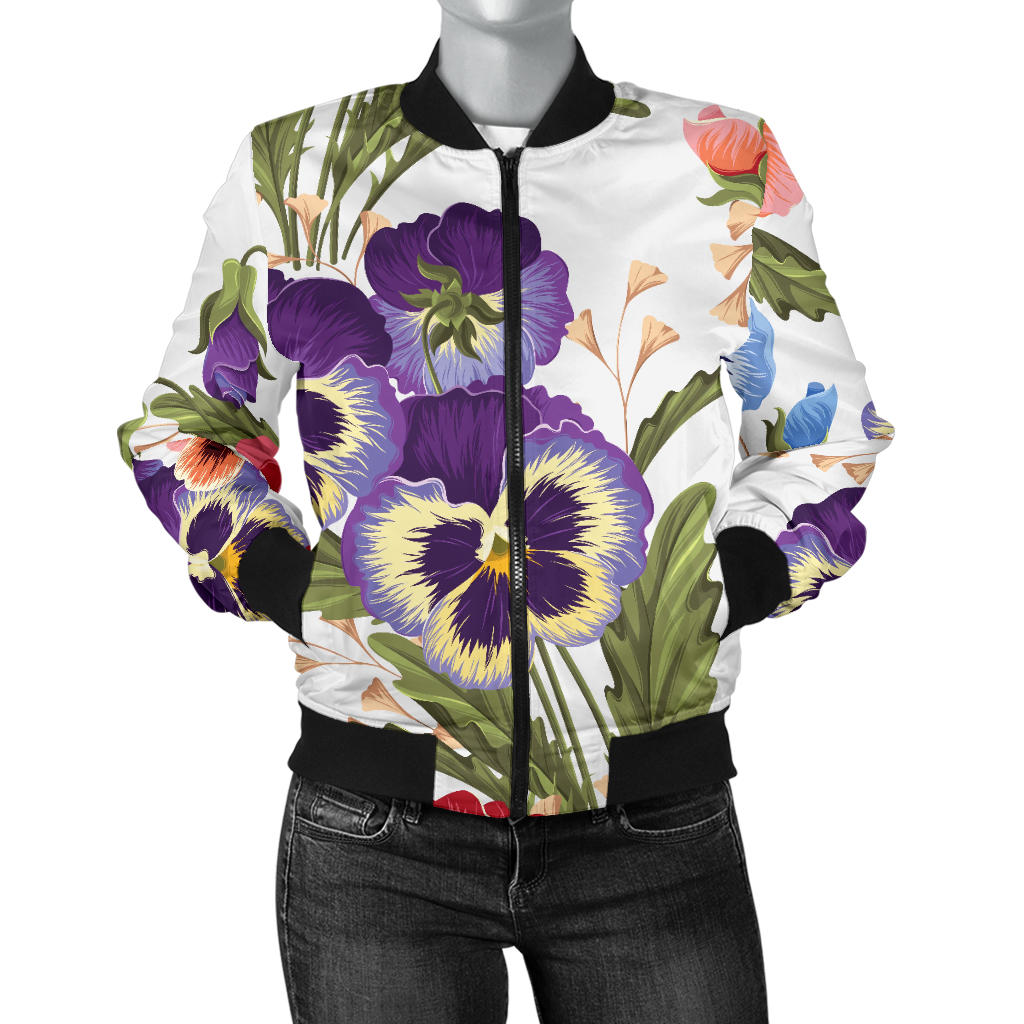 Pansy Pattern Print Design PS06 Women Bomber Jacket