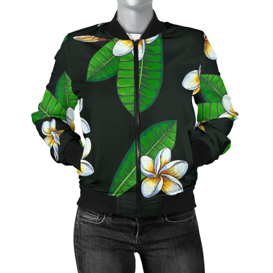 White Plumeria Pattern Print Design PM023 Women Bomber Jacket