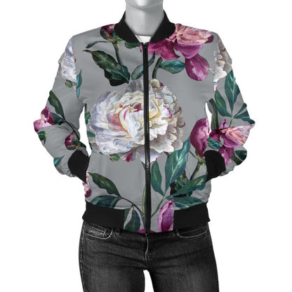 Peony Pattern Print Design PE01 Women Bomber Jacket
