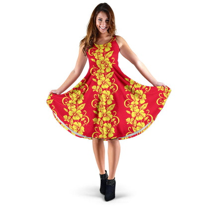 Orange Hibiscus Pattern Print Design HB018 Midi Dress