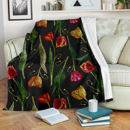Tulip Embroidered Pattern Print Design TP01 Fleece Blanket