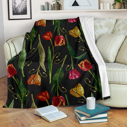 Tulip Embroidered Pattern Print Design TP01 Fleece Blanket