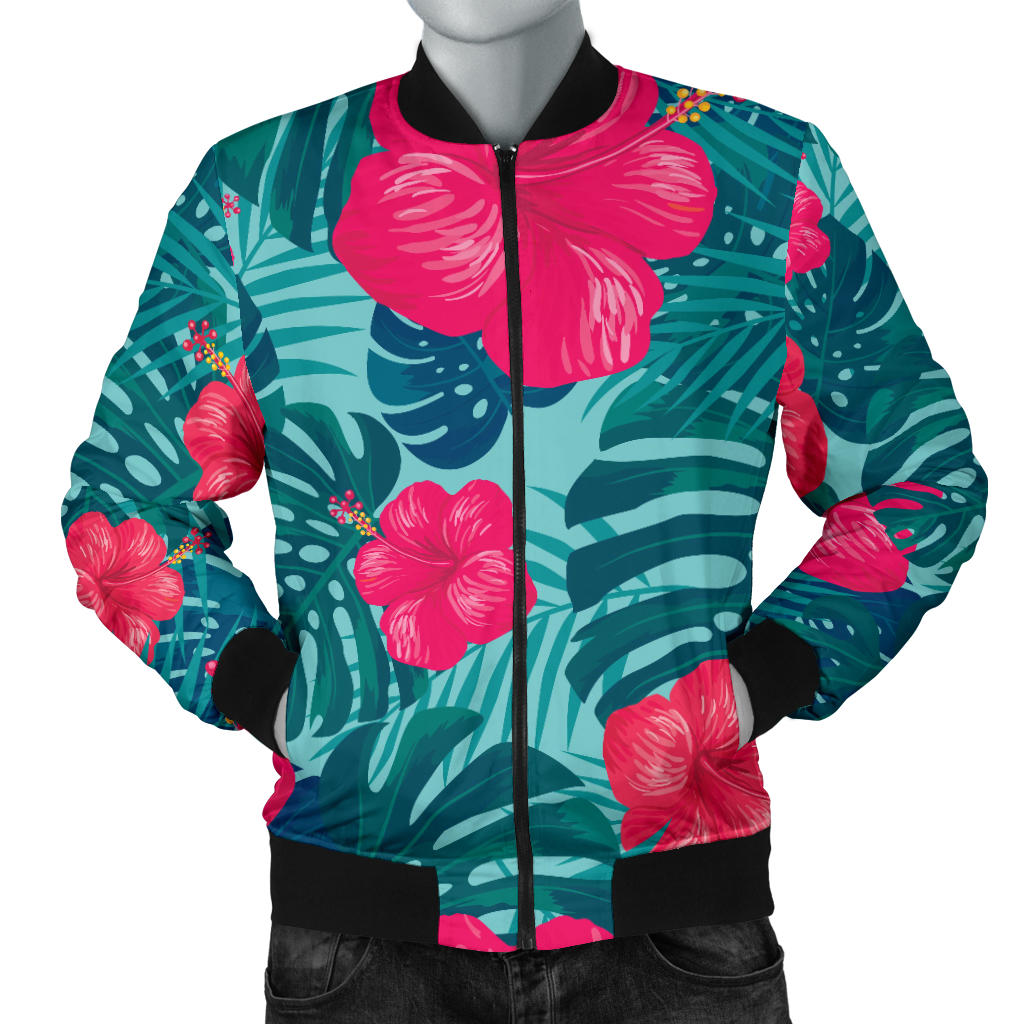 Red Hibiscus Pattern Print Design HB017 Men Bomber Jacket