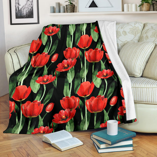 Tulip Red Pattern Print Design TP03 Fleece Blanket
