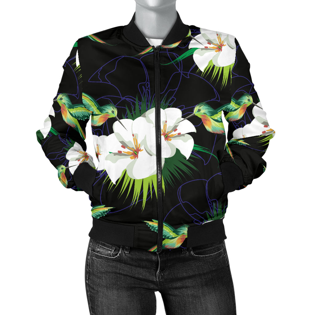 Hummingbird with Flower Pattern Print Design 03 Women's Bomber Jacket