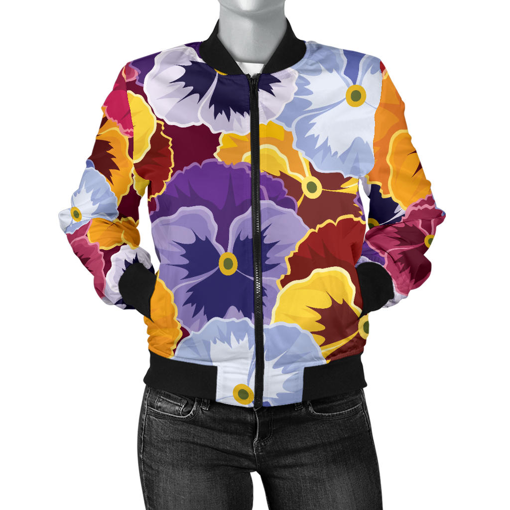Pansy Pattern Print Design PS01 Women Bomber Jacket