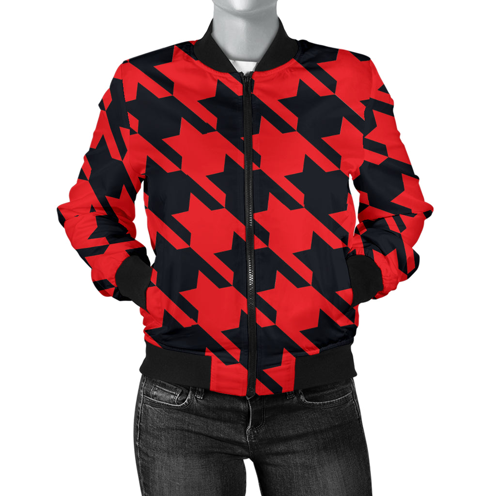 Houndstooth Red Pattern Print Design 03 Women's Bomber Jacket