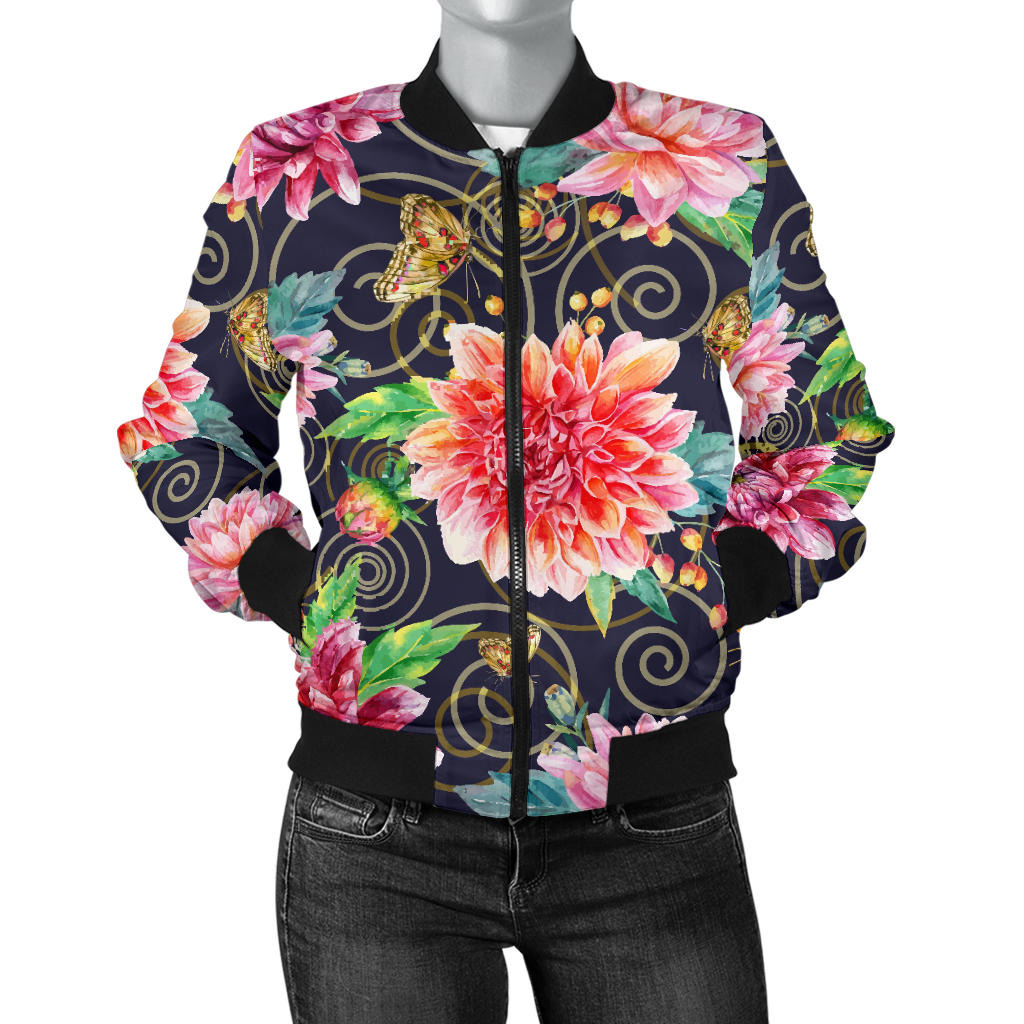Dahlia Pattern Print Design DH02 Women Bomber Jacket