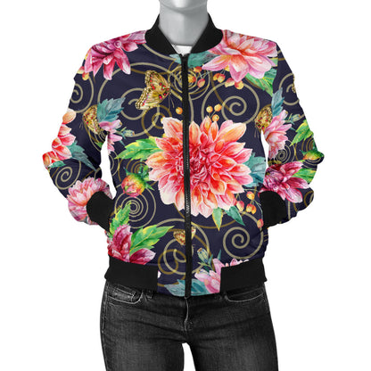 Dahlia Pattern Print Design DH02 Women Bomber Jacket