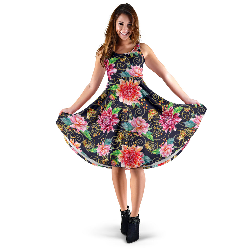 Dahlia Pattern Print Design DH02 Midi Dress