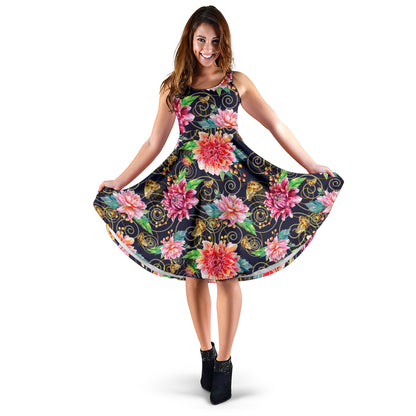 Dahlia Pattern Print Design DH02 Midi Dress