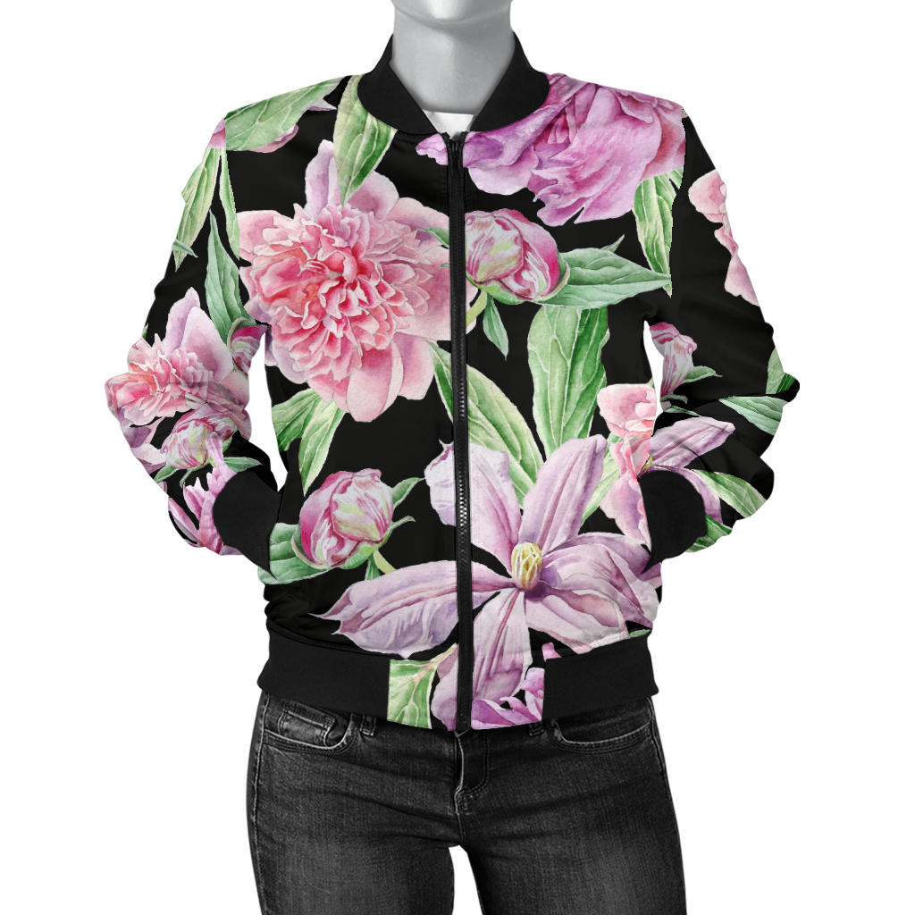 Peony Pattern Print Design PE08 Women Bomber Jacket