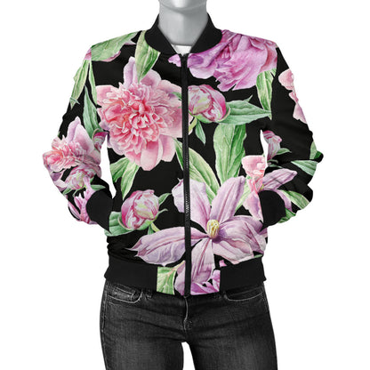Peony Pattern Print Design PE08 Women Bomber Jacket