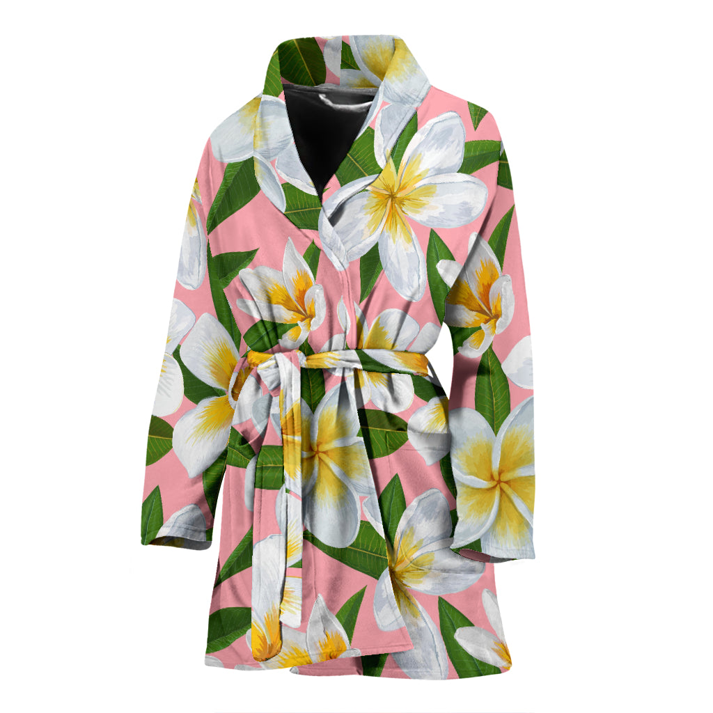 White Plumeria Pattern Print Design PM011 Women Bathrobe