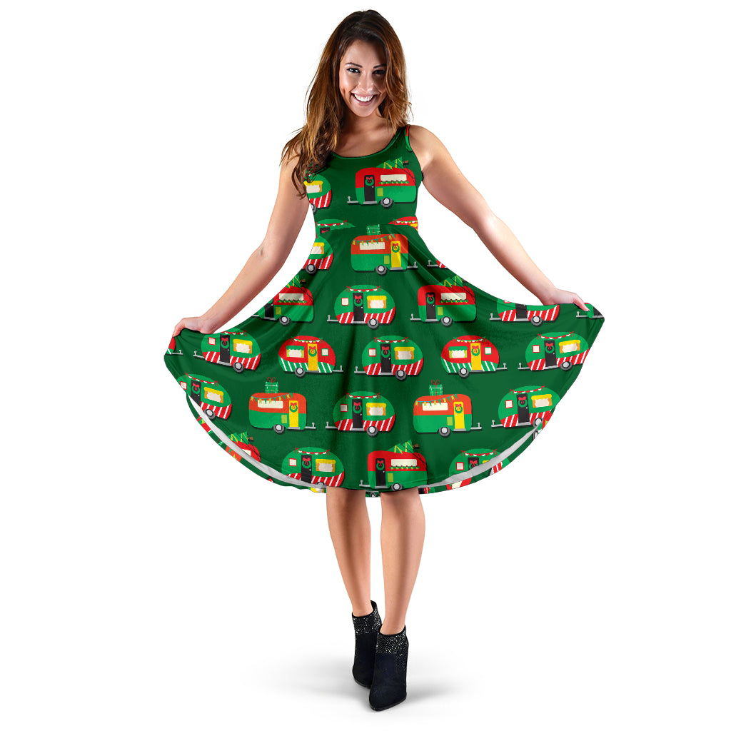 Camper Camping Christmas Themed Print Midi Dress