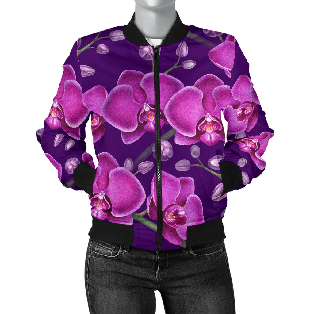 Orchid Purple Pattern Print Design OR02 Women Bomber Jacket